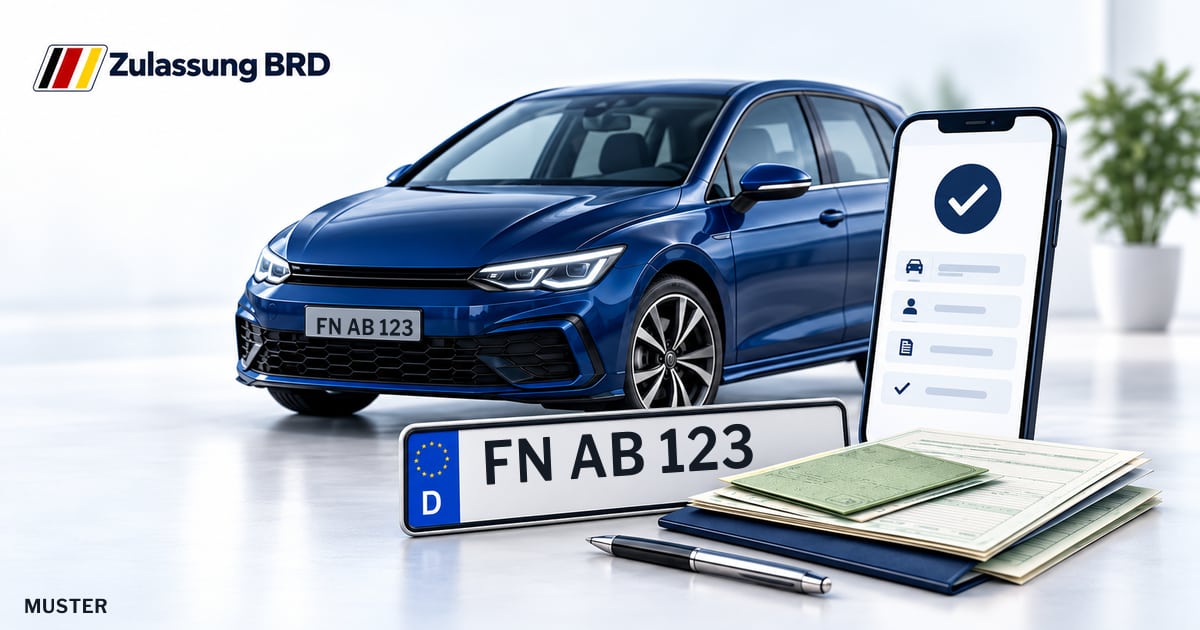 Online Fahrzeugzulassung in Bodenseekreis: Musterkennzeichen FN AB 123, Auto und Fahrzeugpapiere und Smartphone. Illustration mit Logo von Zulassung BRD.